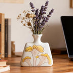Modern Ceramic Flat Vase - 6.1" Small Decorative Flower Vase with Yellow Botanical Pattern - Boho Minimalist Home Decor for Bookshelf, Mantle & Desk