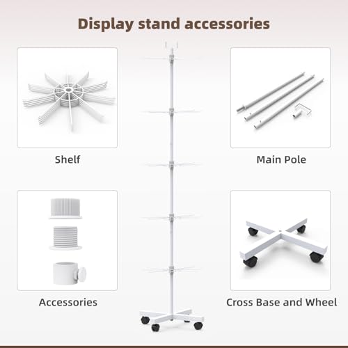 Retail Display Racks 5 Tier Spinning Display Stand, Movable Shop Spinner Rack with Hooks, Retail Display Stand for Jewelry Keyring Hats Socks Toys (White) - color: White, style: 5 Tier