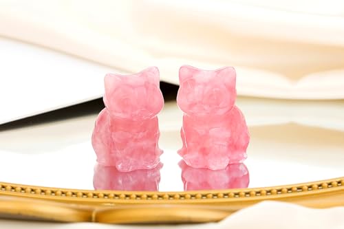 QINJIEJIE Rose Quartz Cat Figurines Pink Gift Cat Decor Crystals Healing Stone Statue Natural Gemstone Sculpture Home Office Desk Decoration Cute Kitten Statue for Women - color: P-rose Quartz, size: 1.5 inches