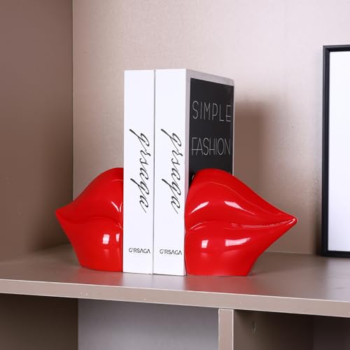 Red Lips Decorated Bookends，Set of 2 Heavy Decorative Book Stoppers，Unique Resin Decoration，Creative Desktop Red Decor for Study Room Hotel Office Shelves - color: Red Lips