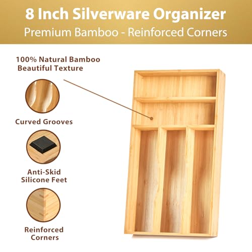 Umilife Bamboo Kitchen Drawer Organizer, 8 Inch Silverware Utensils Tray Holder for Small Drawer, Wood Caddy for Flatware Cutlery Knives - size: 8 x 15.5 inch (5 Slots)