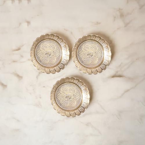 Shubhkart Solid Brass Decorative Nakshi Plate Set for Puja, Decoration & Diwali Gifting (Small 7 cm, Pack of 3, Solid Brass) - size: Small (Pack of 3)