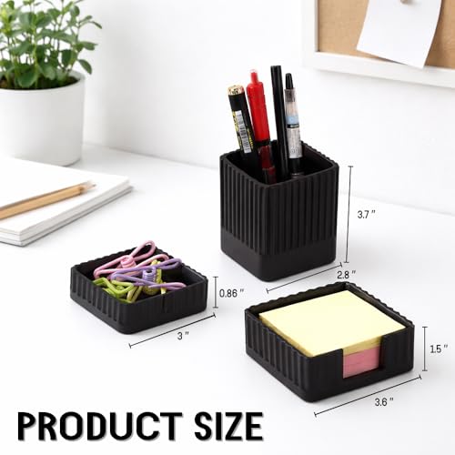 Desk Organizer Set of 3 for Office Accessories - Includes Pen Holder, Paperclip Storage, and Sticky Note Holder - Aesthetic Concrete Desktop Accessories for Women or Men, Office Decor (Black) - color: Black