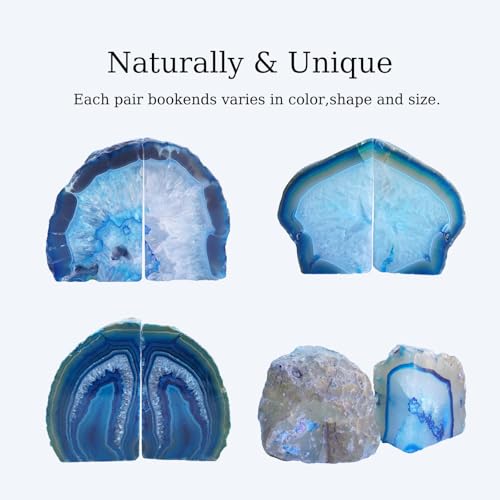 Natural Teal Dyed Agate Geode Bookends - 2 to 3 lb Heavy Duty Rock Crystal Stone Book Ends for Shelves, with Rubber Bumpers, Decorative Book Holders for Home Office - color: Blue, size: 2-3 Lbs