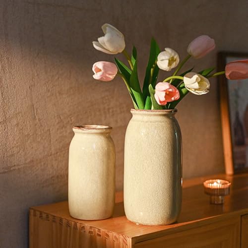 VICTOR & TERESA Rustic Large Green Vase for Home Decor, 10'' Tall Ceramic Vases for Flowers, Farmhouse Decorative Vases for Pampas Grass, Table, Mantel, Living Room, Centerpieces - color: Green, size: Large-10''
