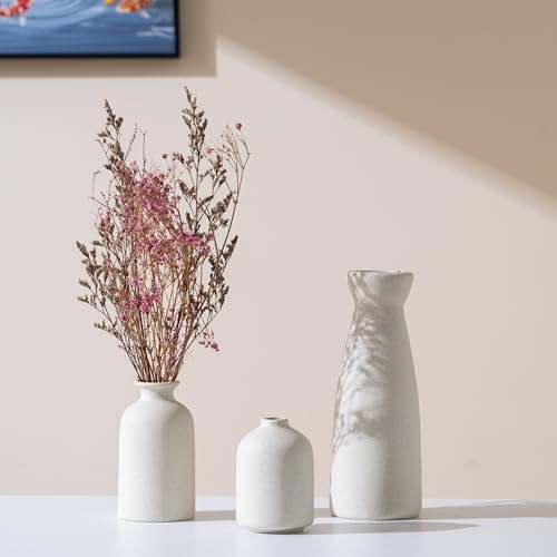 Ceramic Small Vase Set of 3,Modern Boho Farmhouse Home Decor,Pampas Grass Vase,Minimalist Decor,for Entryway Table,Bookshelf,Living Room, Bedroom,Kitchen,Coffee Table Decoration (White) - color: Beige Set 3