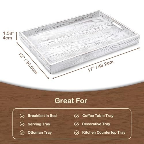 17 Inch White Serving Tray with Handles, Large Wooden Tray for Ottoman, Breakfast in Bed, Coffee Table, Dinner, Rectangular Wood Tray for Living Room Bedroom Entryway and Kitchen - color: White, size: 12" x 1.6" x 17"