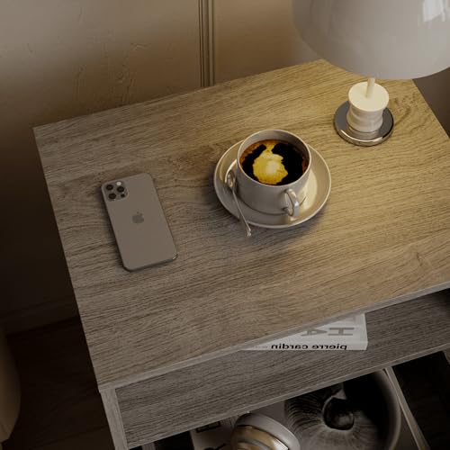 JOONEE Rattan Nightstand,Farmhouse Bedside Table with 2 Storage Drawer and Open Wood Shelf, for Bedroom and Small Spaces,Night Stand with Solid Wood Legs (Grey Oak) - color: Grey Oak