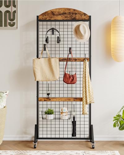 CHOEZON Grid Wall Panel 5.7' x 2' FT Grid Display Rack, 2 Pack Movable Gridwall Display Stand with 8 S-Shaped Hooks and 8 Garment Hooks, Floorstanding Wire Grid Rack, Rustic Brown and Black TCJ17P2BF - color: Rustic Brown and Black