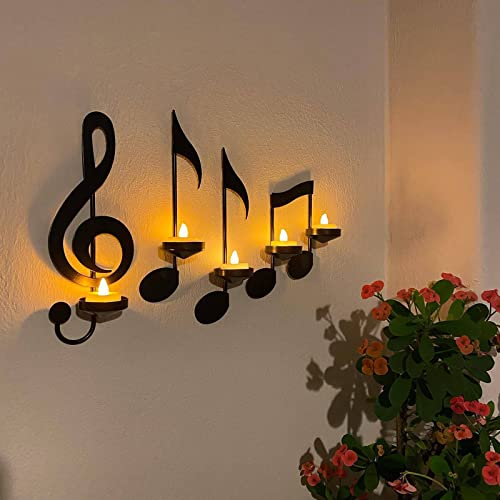 MANMAOHE Black Music Note Wall Sconce Metal Wall Sconce Candle Holder Set of 4 Wall Mount Tea Light Candle Holders Musical Symbol Candle Holder Rack for Home Office Classroom