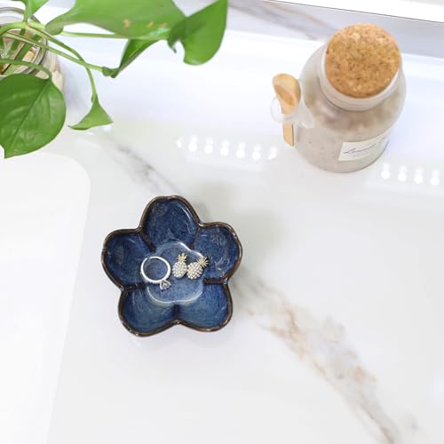 Flower Ring Dish Holder,Jewelry Dish Tray,Small Trinket Tray,Jewelry Plate Bowl,Key Bowl,Decorative Plate,Mothers Day Birthday Gifts for Women Mom Friends,Ceramic Kiln effect Blue - color: Kiln effect Blue