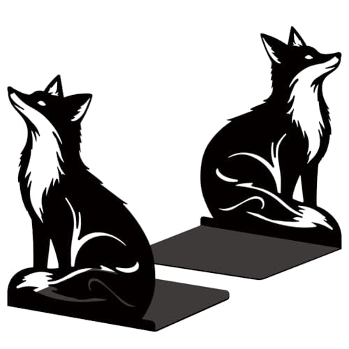Black Fox Metal Bookends for Shelves, Exquisite Fox Bookshelf Decor Book Ends for Heavy Books, Home School Office Desk Decoration, Book Stopper for Study and Birthday Gift - style: Fox