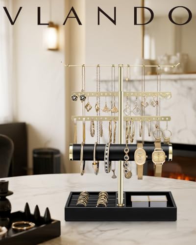 VLANDO 3 Tier Jewelry Stand Organizer with Tary, Leather Jewelry Holder Display for Women, Gold Jewlery Holder Display for Necklace, Earring, Bracelet, Rings - Black - color: C.Black, size: 3-Layer