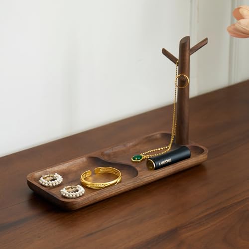 Black Walnut Solid Wood Key Dish Bowl for Entryway Table Square Tray With 3 Hooks, Open Storage for Keys, Wallet, Jewelry (Walnut, Rectangle) - color: Walnut, size: Rectangle