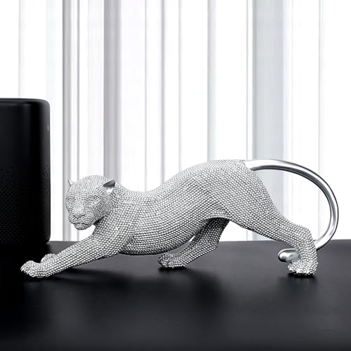 CroBlissful Silver Leopard Statue Sparkling Cheetah Resin Sculpture Prowling Leopard Medusa Statue Intricate Beaded Design for Living Room TV Stand Decorations Modern Home and Office Decor Gifts