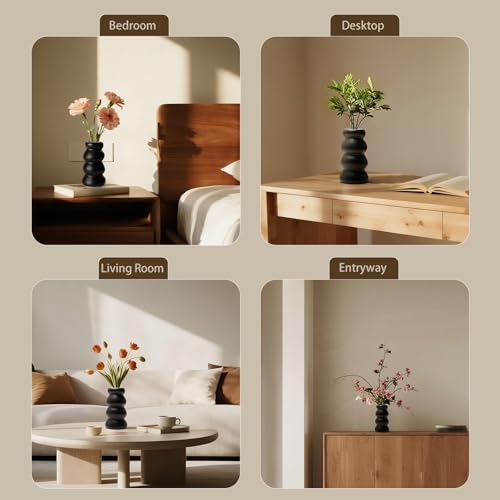BosilunLife Ceramic Vase with Stacked Bubble Design – Boho Modern Sculptural Flower Vase for Home Decor, Shelf or Table Centerpiece (Black) - color: Black