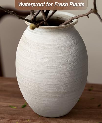 Textured Matte White Rustic Bulbous Ceramic Vase 9 Inch Handmade Pottery, Waterproof for Fresh & Dried Flowers, Farmhouse Neutral Home Decor Centerpiece for Living Room, Kitchen, Mantel, Shelf