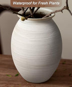 Textured Matte White Rustic Bulbous Ceramic Vase 9 Inch Handmade Pottery, Waterproof for Fresh & Dried Flowers, Farmhouse Neutral Home Decor Centerpiece for Living Room, Kitchen, Mantel, Shelf