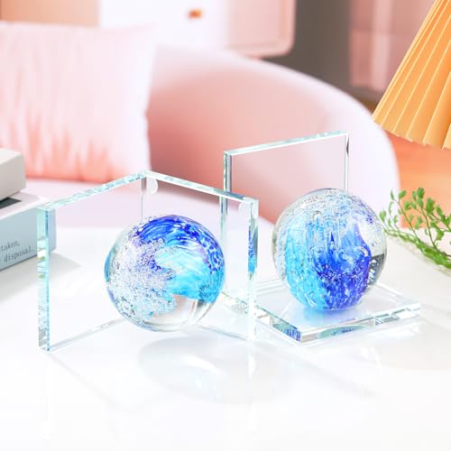 Arikyrist 1 Pair Crystal Bookends for Heavy Books with Hand Blown Ocean Waves Ball Glass Decorative Non Skid Bookends for Bookshelf Office Home (Blue) - color: Blue