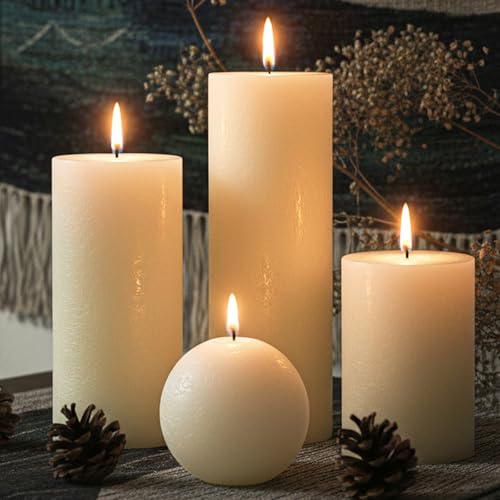 Ivory Rustic Textured Pillar Candles Set - 4 Pcs Assorted Sizes Unscented Pillar Candle, Decorative Farmhouse Candles for Home Centerpiece Decor, Holiday Dinner Table, Dripless & Smokeless - color: Cream Ivory