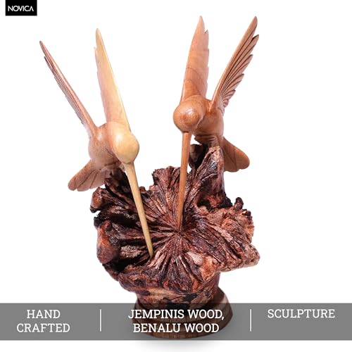 NOVICA Artisan Crafted Handcarved Wood Sculpture | Hummingbird Figurine Decor | Sustainable Animal Themed | Benalu & Jempinis Wood | NAT Geo Decoration | Indonesia ' Hummingbird Couple' 7.5" H x 6" W