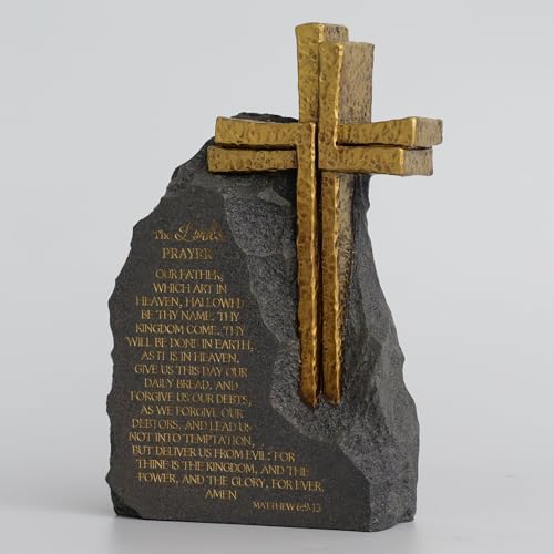 The Lord's Prayer Stone Decor, Religious Cross, Resin Black with Gold Text, 9.4inches, Christian Home Office Table Decoration - color: Black
