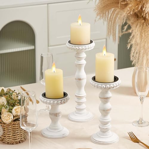 Mumufy 3 Pcs Candle Holders for Pillar Candles Rustic Farmhouse Home Decor Decorative Washed Beaded White Black Wood Candle Holder Country Style for Table Mantel Fireplace Wedding(White,Large) - color: White, size: Large