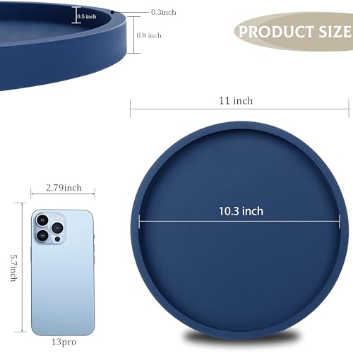 Silicone Bathroom Tray Round Vanity Tray Decorative Soap Holder Kitchen Countertop Organizer Coffee Table Decor for Candle, Perfume, Plant, 11 Inch, Dark Blue - color: Dark Blue, size: 11"