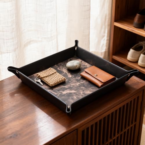siduater Valet Tray Desktop Storage Organizer – Vegan Leather Catchall Bedside Vanity Tray Nightstand Caddy Holder for Remote Controller, Watch, Keys, Phone, Wallet, Coin, Jewelry, Marble Brown - color: Marble Brown