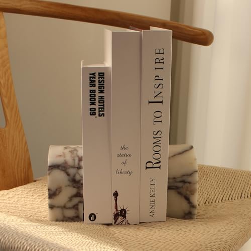 Set of 2 Natural Calacatta Viola Marble Bookends for Shelves, Decorative Book Ends for Heavy Books, Book Stopper Office Bookshelf Decor for CDs/Video Games