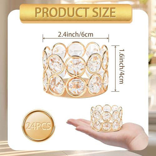 24 Pack Gold Metal Crystal Tea Light Candle Holders - 2.4"x1.6" Bulk Small Votive Candle Holders for Wedding, Home, Party Table Centerpiece Decorations
