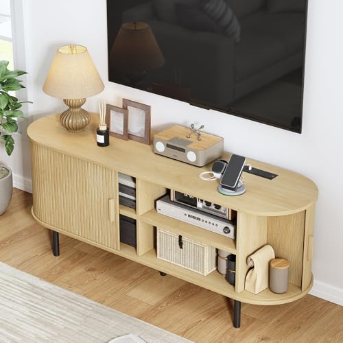 55" TV Stand with Power Outlet, Modern Media Console with Sliding Doors, Entertainment Center for TVs up to 60 Inch, Adjustable Shelves, Oak - color: Oak, size: 55 Inch