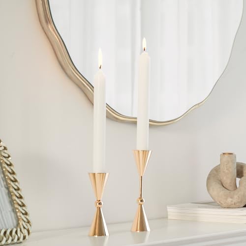 DN DECONATION Gold Taper Candle Holders Set of 2, Tapered Candlestick Holders Decor for Fall Thanksgiving Table Centerpiece Wedding Decorations, Modern Metal Candle Holder for Living Room, Mantel - color: Gold Conical