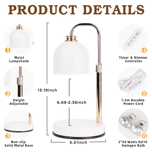 Candle Warmer Lamp with Timer Dimmable,Mothers Day Birthday Gifts for Women Mom, Modern Candle Warmer, White Candle Lamp for Jar Scented Candles, Home Decor, Wax Melt Warmer with 2 Bulbs - color: White