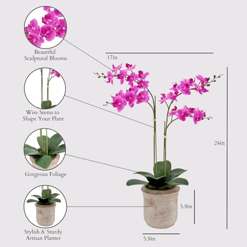 CG Hunter Faux Pink Orchid Plant, Premium Artificial Indoor Flower Display Stands 24”, Beautiful Sculptural Blooms That Lasts Forever, Grey Planter Pot Included - size: 24" Pink 2-Stem Orchid