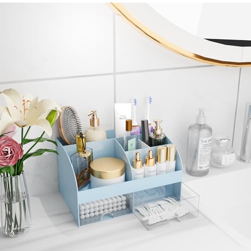 Makeup Organizer with Drawers, Cosmetic Storage for Dresser Vanity and Bathroom Countertop, Beauty Holder for Lipstick Brush, Skincare Organizer for Vanity, Cosmetic Display Case (Blue) - color: Blue