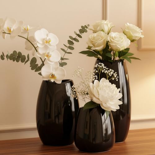 hjn Ceramic Vase Set of 3 Black Flower Vase for Home Decor, Modern Decorative Vase for Flowers/Ideal Shelf Decor/Table/Living Room/Kitchen/Office-Black - color: Black