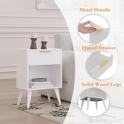 YAUKOMEL Fluted Night Stand with Opening Storage,Mid Century Bedside Table with Drawer,Modern Nightstand with Solid Wood Legs,End Table Side Table for Living Room,Bedroom,White CTG56W - color: White