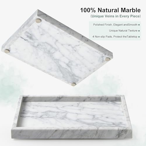 Large Marble Vanity Tray, Luxury Stone Organizer for Bathroom & Kitchen Counter | Holds Soap Dispenser, Jewelry, Perfume Bottles | Non-Resin, Non-Ceramic Décor - color: White, size: 11.8" x 7.8" x 1.2"