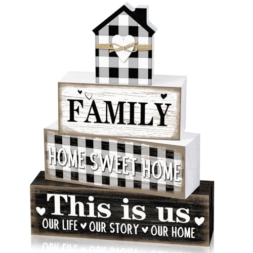 Cinnvoice 4 Pcs Farmhouse Tabletop Decor Rustic Family Blessed Home Table Centerpiece This Is Us Sign for Kitchen Shelf Desk Fireplace Mantel Tiered Tray Decor(Buffalo Plaid Family) - style: Buffalo Plaid Family