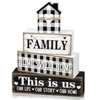 Cinnvoice 4 Pcs Farmhouse Tabletop Decor Rustic Family Blessed Home Table Centerpiece This Is Us Sign for Kitchen Shelf Desk Fireplace Mantel Tiered Tray Decor(Buffalo Plaid Family) - style: Buffalo Plaid Family