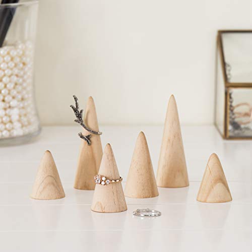 MyGift Wooden Ring Holder Set of 6 - Natural Wood Engagement & Wedding Jewelry Display Cone for Women, Men - Modern Triangular Freestanding Ring Organizer for Vanity, Retail (3 Sizes) - color: Natural Wood