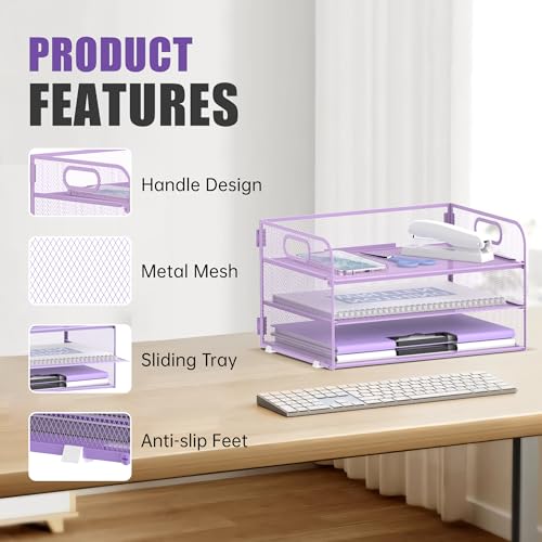 DALTACK 3 Tier Paper Organizer with Handle, Mesh Metal Desk Organizer with Sliding Paper Trays for Letter/A4 Paper, Mail, Bills & Folders, Purple - color: Purple