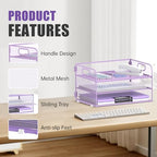 DALTACK 3 Tier Paper Organizer with Handle, Mesh Metal Desk Organizer with Sliding Paper Trays for Letter/A4 Paper, Mail, Bills & Folders, Purple - color: Purple