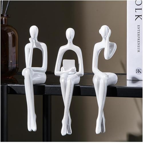Set of 3 Minimalist Statues, Abstract Thinker Figurines, Sitting Zen Pose, Lightweight & Durable Acrylic Gypsum Cement. Suitable for Office, Living Room, and Desk Decoration.