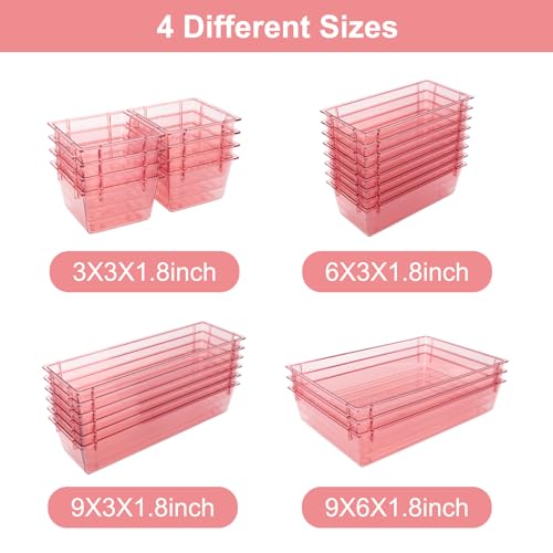 25 Pack Desk Drawer Organizer Set,Vanity and Desk Drawer Storage Bins,Clear Plastic Drawer Organizer Trays for Makeup,Office,Bathroom and Kitchen(pink)