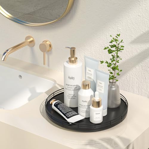 12" Oak Wood Bathroom Tray for Counter, Vanity Tray for Perfume Lotion Candle Makeup Jewelry Sink Soap Holder Turntable Dresser Organizer Countertop Coffee Table Decor Organization and Storage Black - color: Black, size: 12