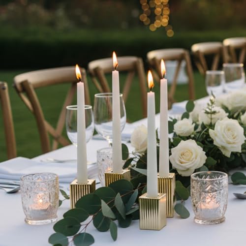 LETINE 12pcs Gold Vertical Stripe Glass Candlestick Holders - Chic Taper Candle Sticks Holder Set for Elegant Dining & Home Decor - Wedding Centerpieces, Parties, and Celebrations - color: Gold