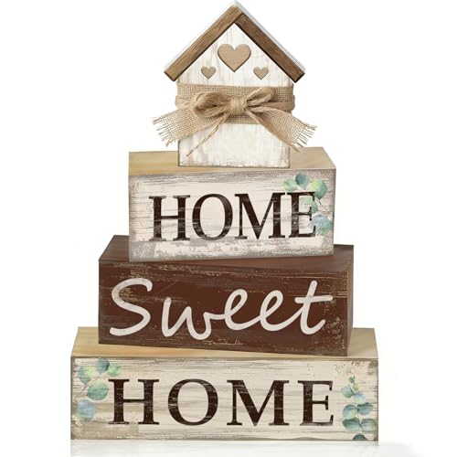 4 Pcs Farmhouse Tiered Tray Decor Home Sweet Home Rustic Wooden Tabletop Sign Neutral Heart House Shaped Shelf Mantle Kitchen Decoration Housewarming Gifts - style: Home