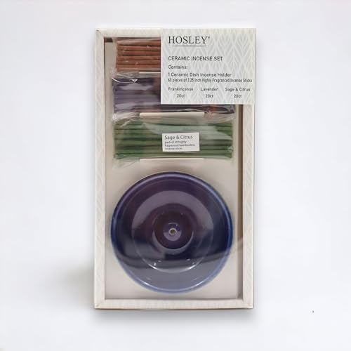 Hosley Incense Sticks Gift Set with 60 Incense Sticks and Ceramic Incense Holder - Ideal Incense Burner Holder for Home, Meditation, Spa, and Aromatherapy - Premium Incent Holder - color: Blue2
